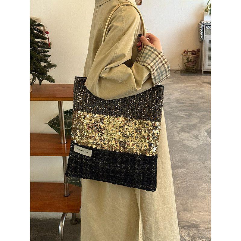 Small-scale Design Sequined Patch Tote Bag for Commuting, Hand-held Tote Bag with Large Capacity, Single-shoulder Bag