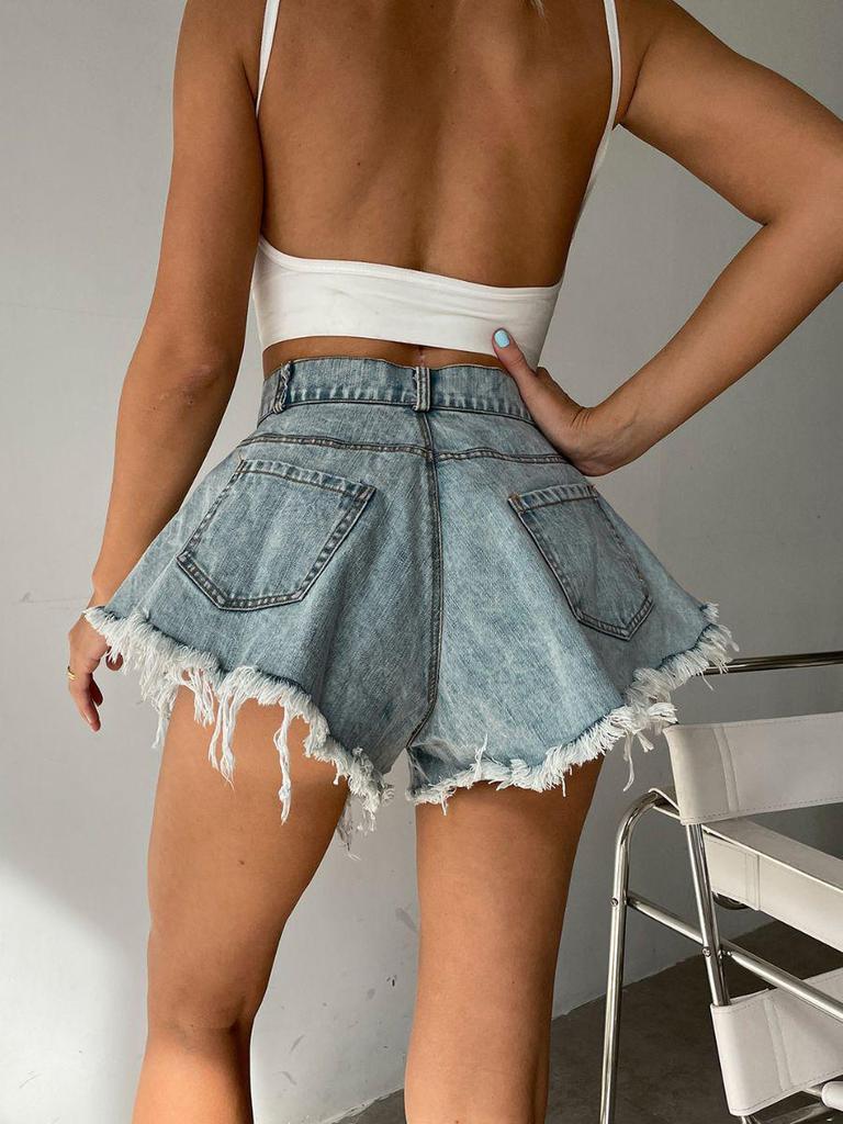 Shorts en jean déchirés taille haute à franges pour femmes style européen et américain 2024