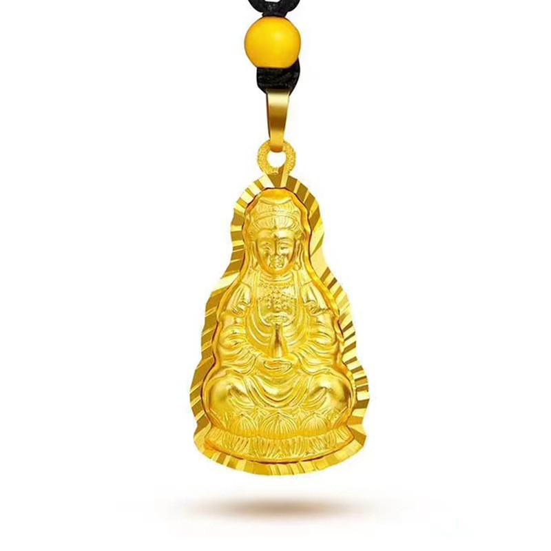 Gilt Brass Guanyin and Maitreya Buddha Pendant Necklace in Vietnamese Sand Gold for Men and Women
