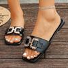 Large size metal square buckle slippers women's summer new flat bottom low heel one word casual cool slippers women