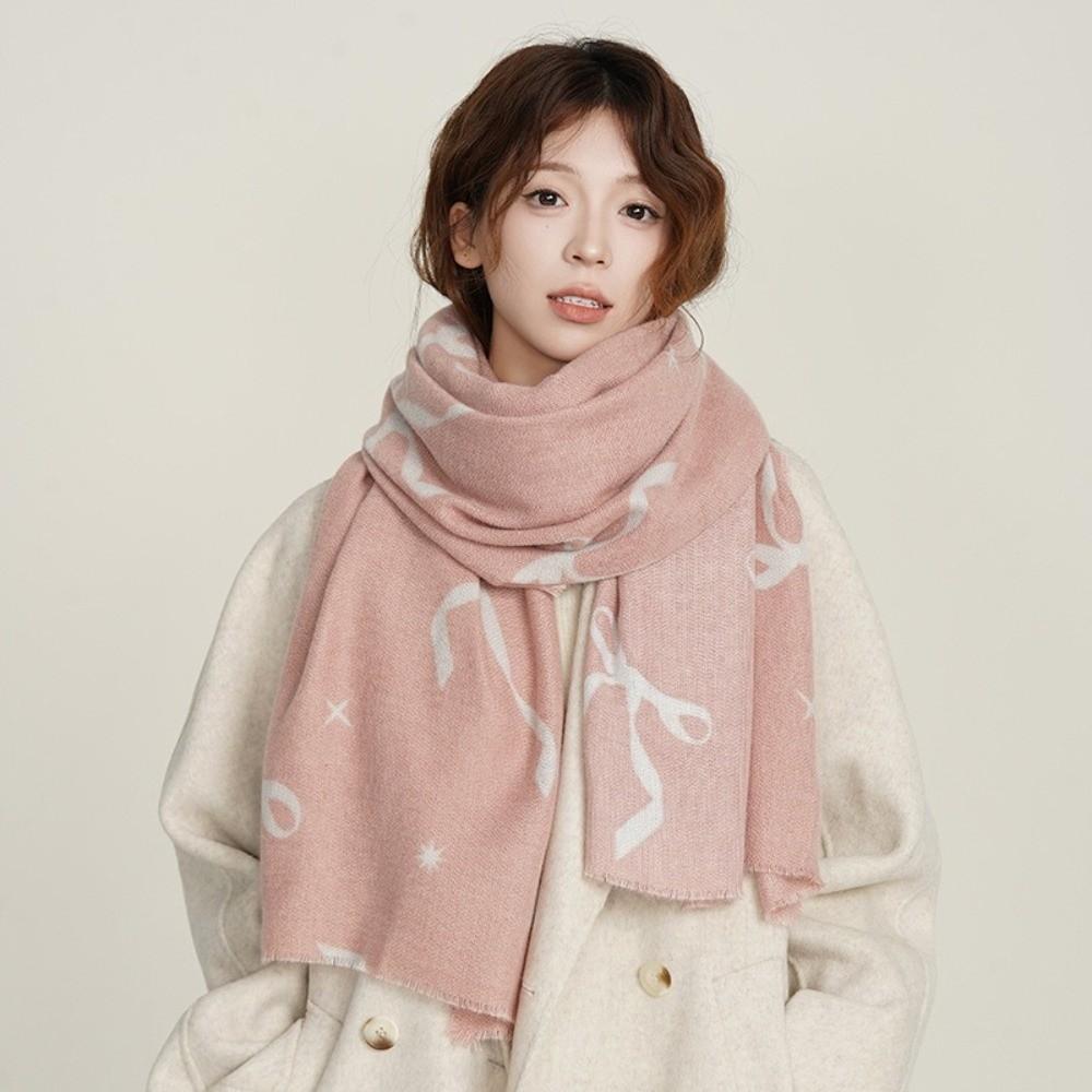 Printed Bow Wool Scarf Thicken Women Cashmere Shawl Temperament Winter Cashmere Scarves Female