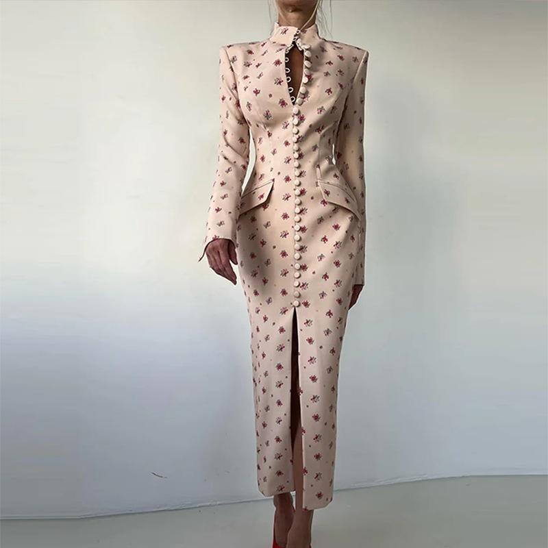 

European and American women s clothing, new spring models, sexy and elegant single-breasted printed split-ended dress S розовый