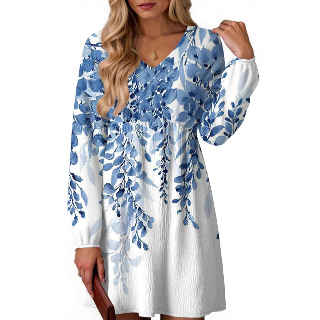 Women's Fashion Floral Print V-Neck Long Sleeve Dress