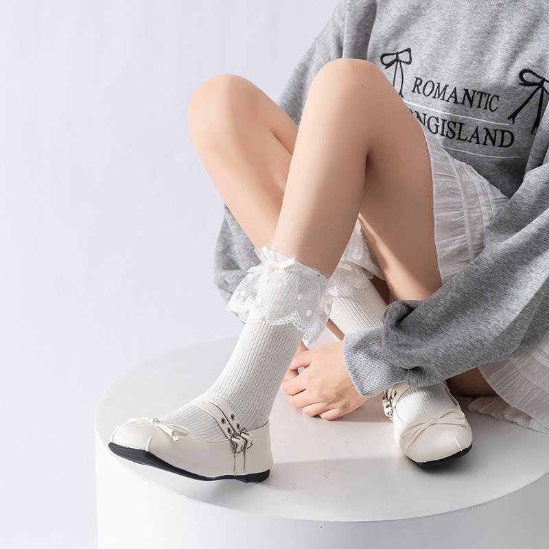 Girls' Spring and Autumn Socks with Lace Bows, Girls' Lolita Mid-calf Piles, Autumn and Winter Ballet-style Student Socks
