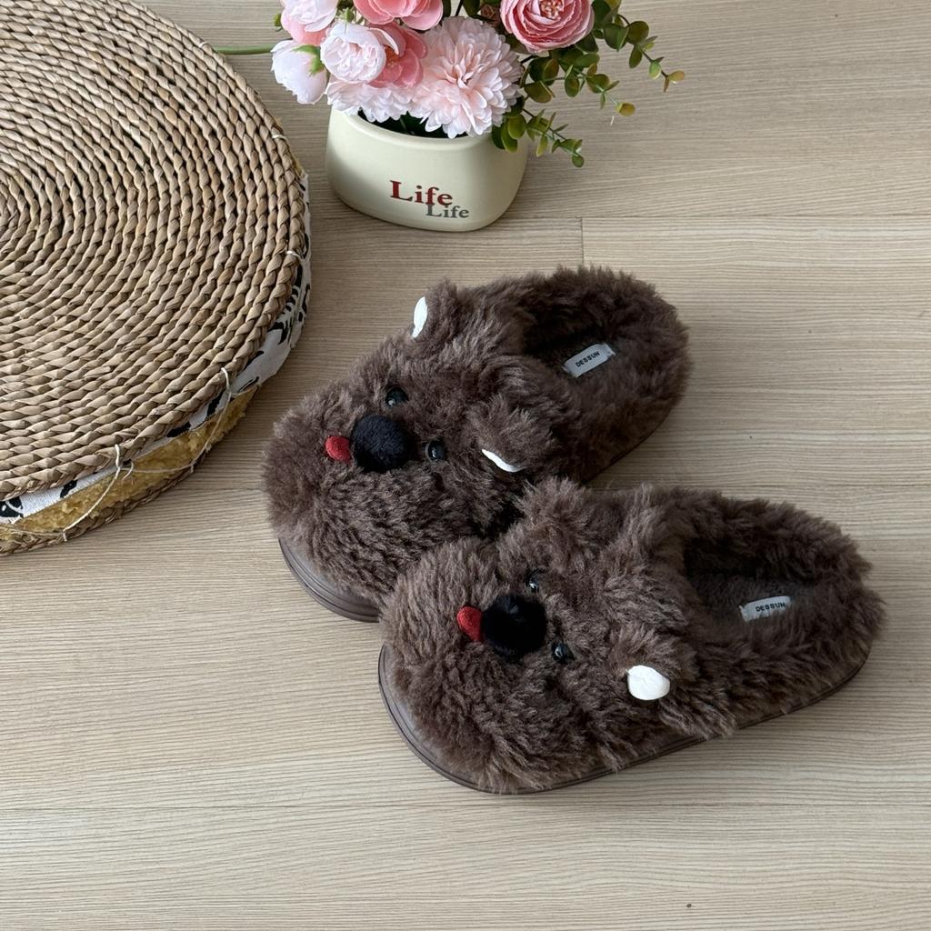Fashion Winter Womens Cotton Slippers Cartoon Dog Couple Non-Slip Warm Indoor Home Slippers Plush Fluffy Comfortable Floor Slippers