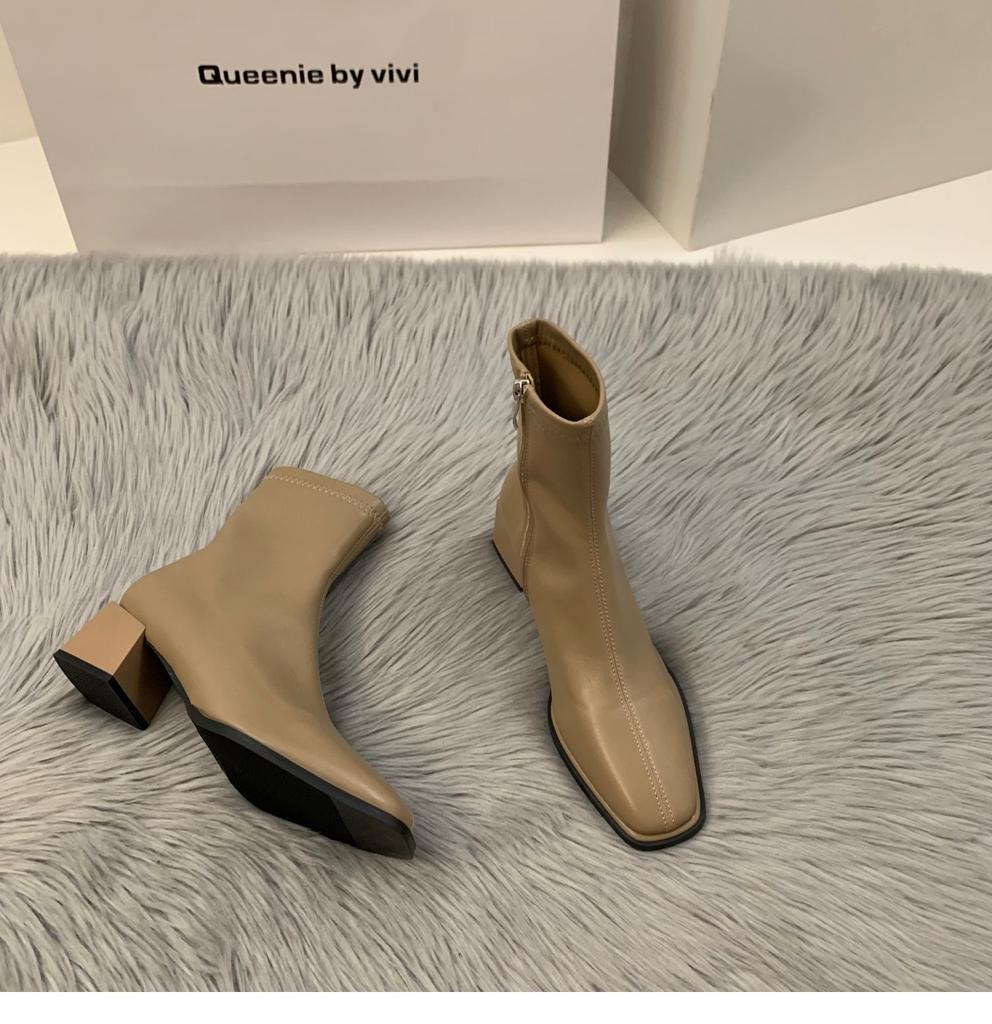 White High Heel Square Head Skinny French Small Leather Boots Women's Shoes 2024 New Spring and Autumn Single Boots Brown Martin Boots