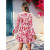 Women's Lace Trim V Neck Floral Print Mini Dress, Long Sleeve Casual Vacation Boho Ruffle Hem Beach Dress for Women