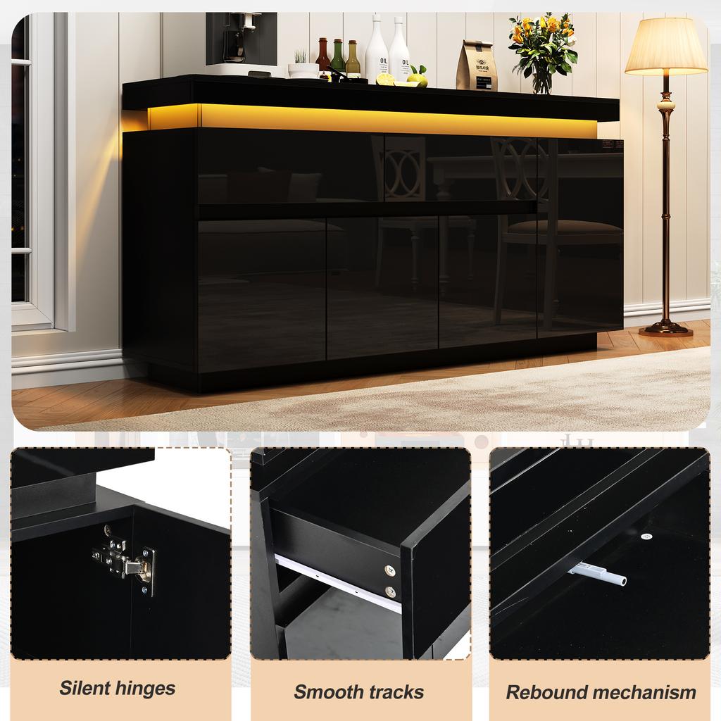 140 x 35 x 72,5 cm Wohnzimmerschrank, Sideboard mit 2 Schubladen, Hochglanz-Schubladenschrank, Schrank mit 4 Türen, LED-Standmöbel, Schwarz