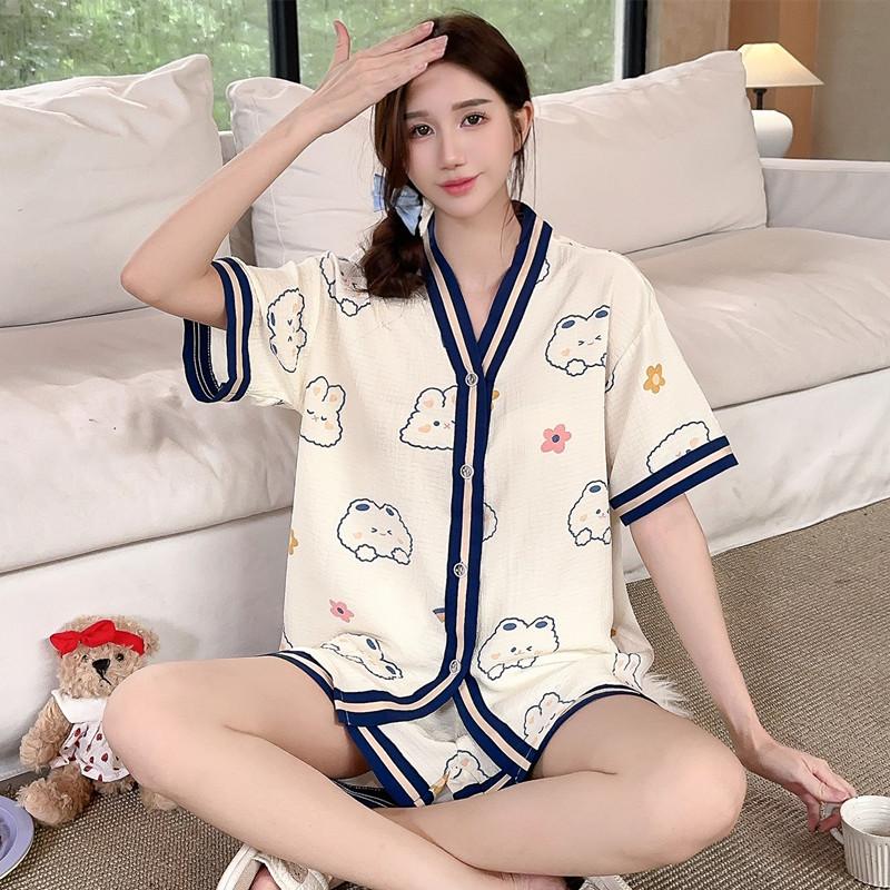 Summer pajamas women's short sleeves loose bubble cotton sweet cartoon cute girl pajamas plus size can be worn at home
