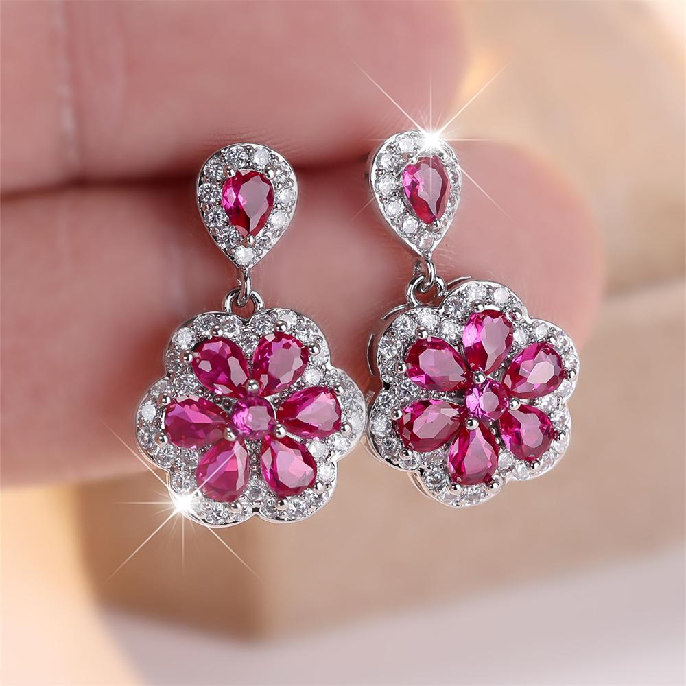

Water Drop Stone Rose Red Crystal Earring Small Flower Pendant Stud Earrings For Women Trendy Silver Color Jewelry Wedding Gifts
