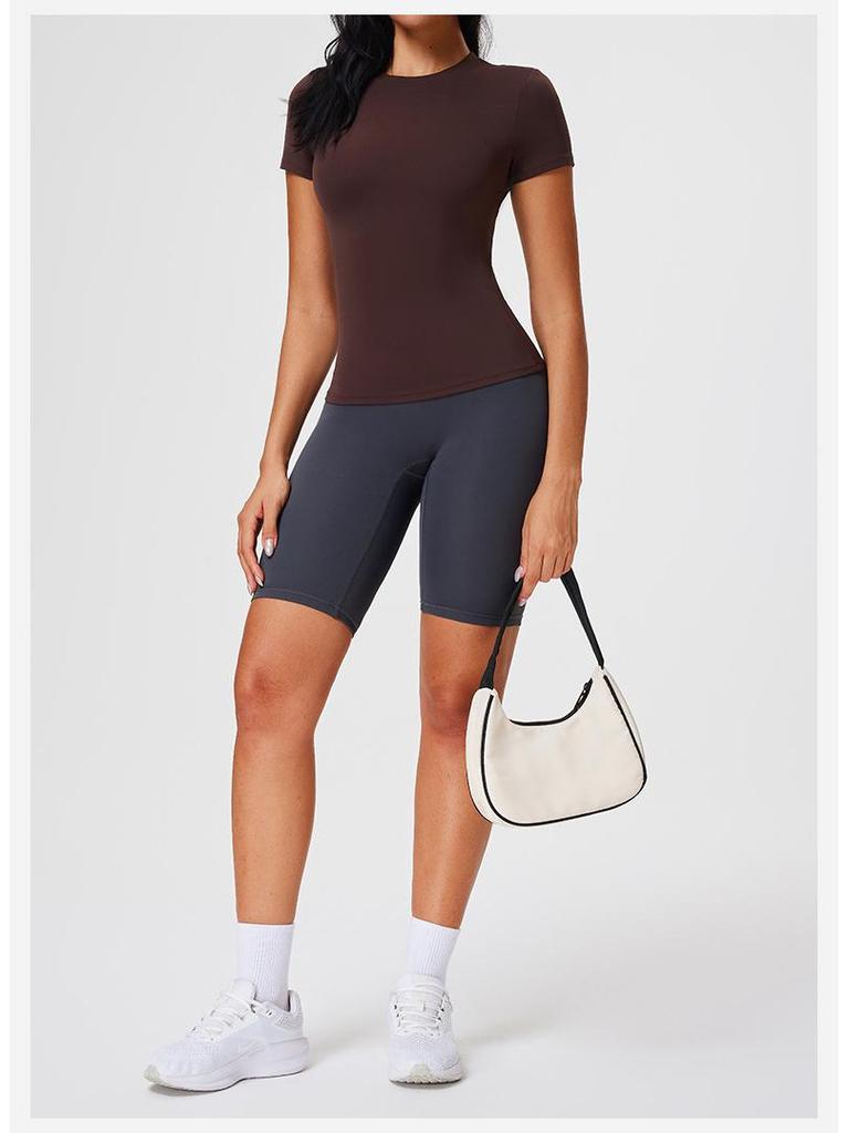 Damen Nude-Feeling Amerikanischer Stil Schnelltrocknendes Kurzarm-T-Shirt - Schlankmachendes Yoga-, Sport-, Fitness- und Laufoberteil
