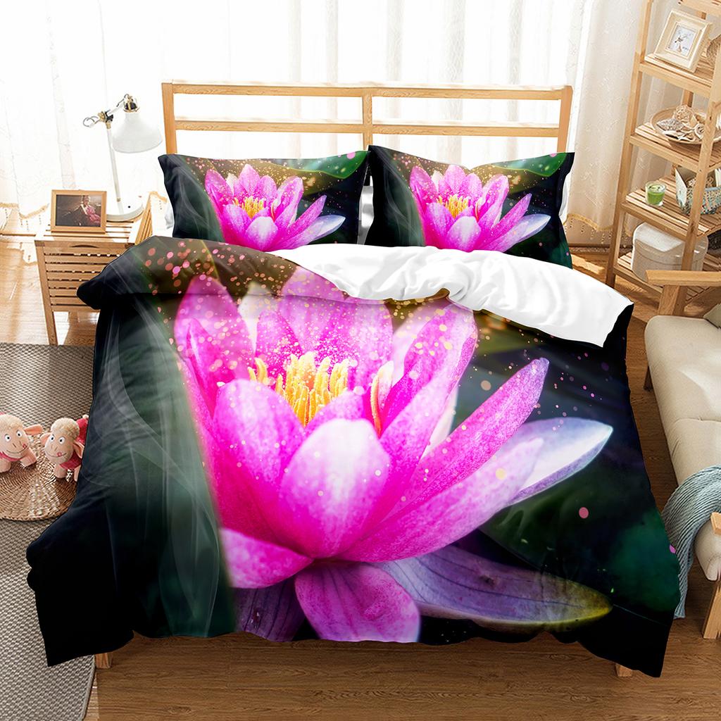 Lotus Flower Duvet Cover Set Lotus Leaf Pattern Polyester Quilt Cover King Full Size For Kids Teens Bedding Set With Pillowcase