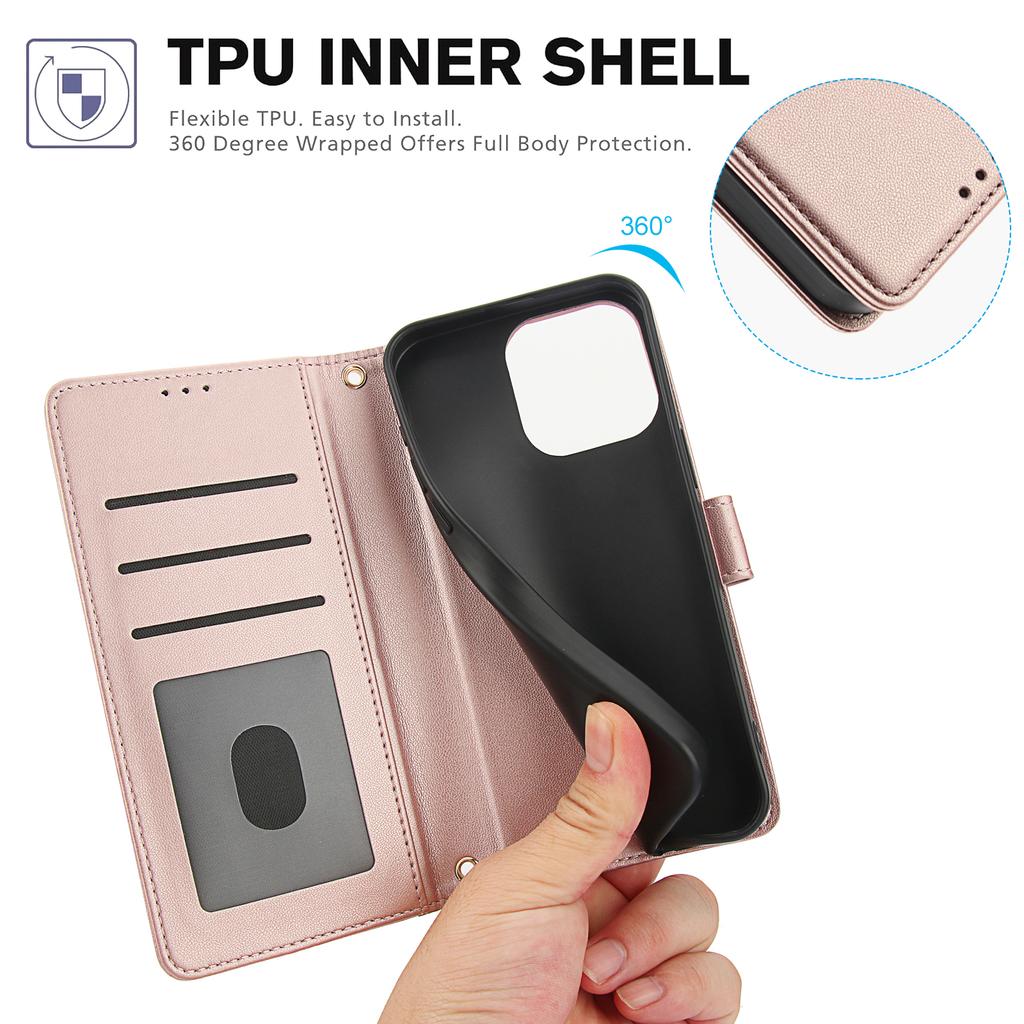 SY-003 For iPhone 15 Pro Max Case PU Leather Stand View Phone Wallet Cover with Hand Strap