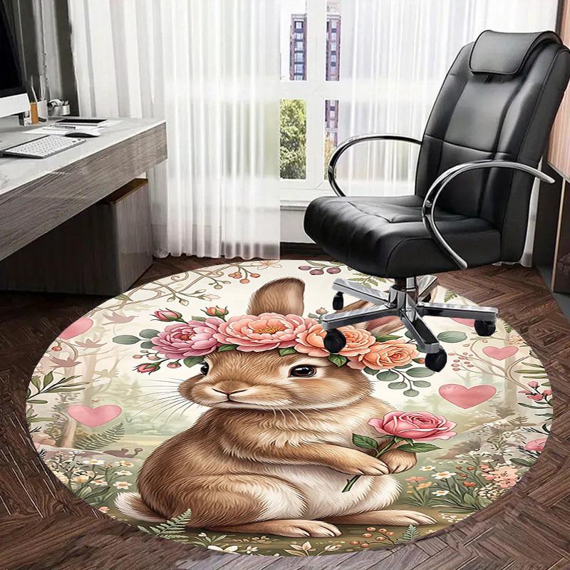1PC Floral Bunny Non-Slip Floor Round carpet, Office, family, bedroom, Large Area Rug Indoor Rugs,  Durable Polyester-L0413