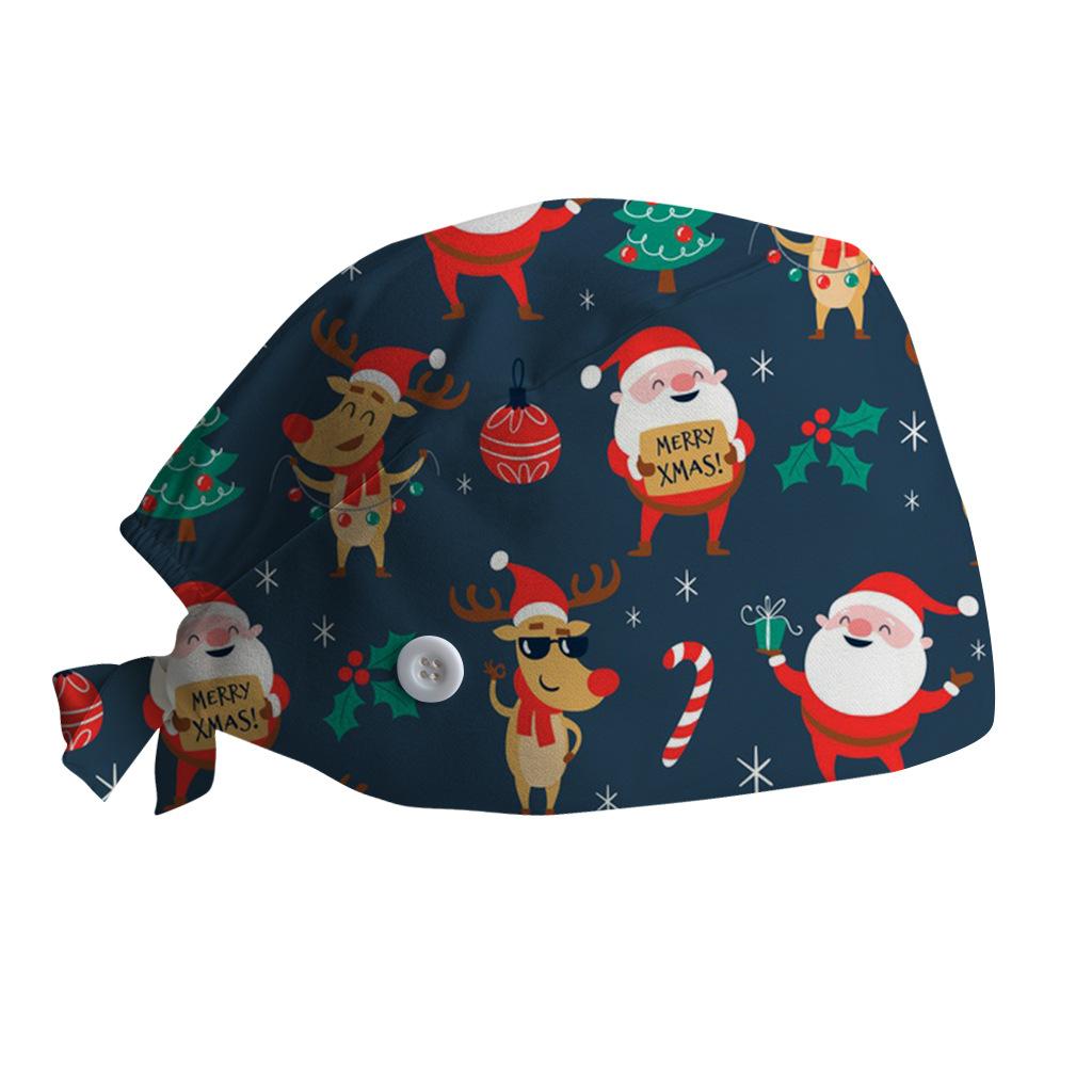 Surgical Cap with Adjustable Printed Christmas Theme Hat, Sweat Wicking Strip, Dust-proof Cloth Bag Head Cap, Doctor's Oral Cap, Nurse's Cap