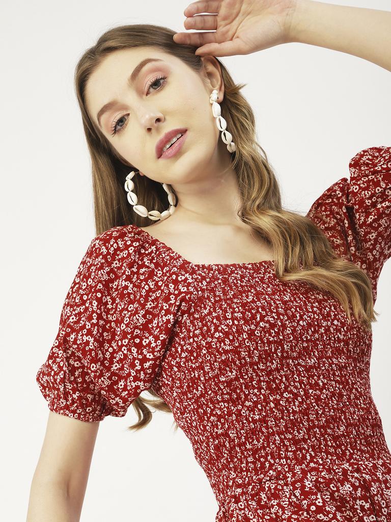 Moomaya Square Neck Tiered Dress, Knee Length Flared Smocked Summer Dress