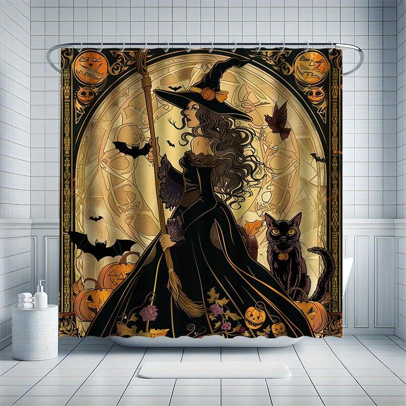 Halloween-Hexe Duschvorhang-Set - Süße Katze & Hexe, Wasserabweisendes Polyester, Maschinenwaschbar, Ganzjahres-, Moderne Dekoration