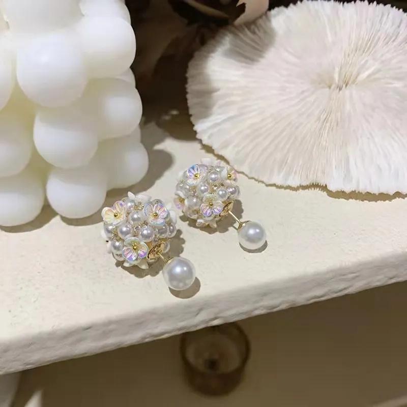 White Shell Flower Imitation Pearl Stud Earrings for Women Ball Double Side Elegant Earrings Set Exquisite Vintage Fashion Jewelry