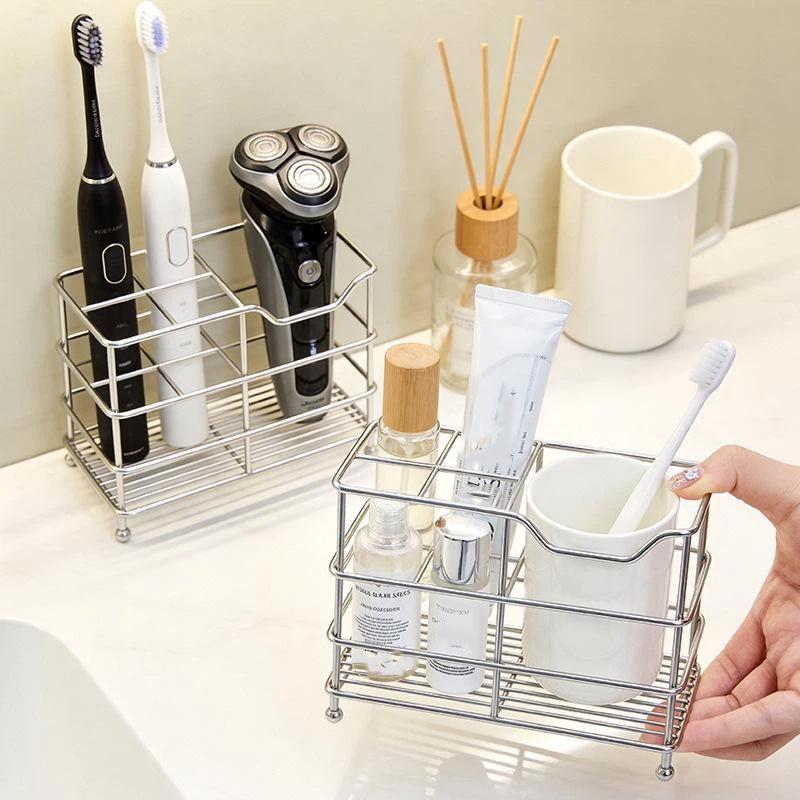 Stainless Steel Toothbrush Holder Free Standing Shaving Equipment Storage Rack for Bathroom Vanity Countertop Use
