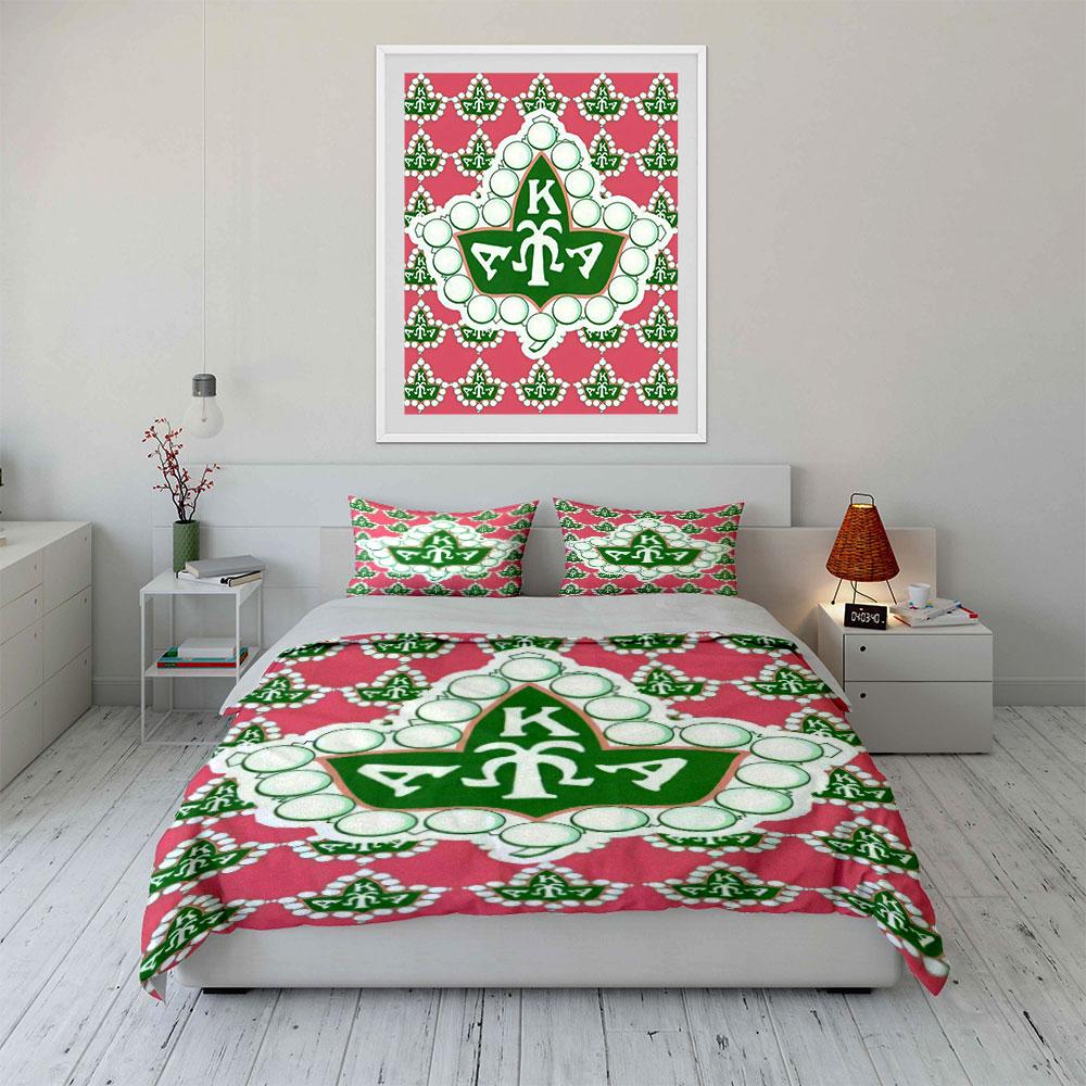 3Pcs AKA Ivy Pearl Diamond Bedding SetPink Green Sorority Logo Print Duvet Cover 2 Pillowcases Single Double King QueenGift