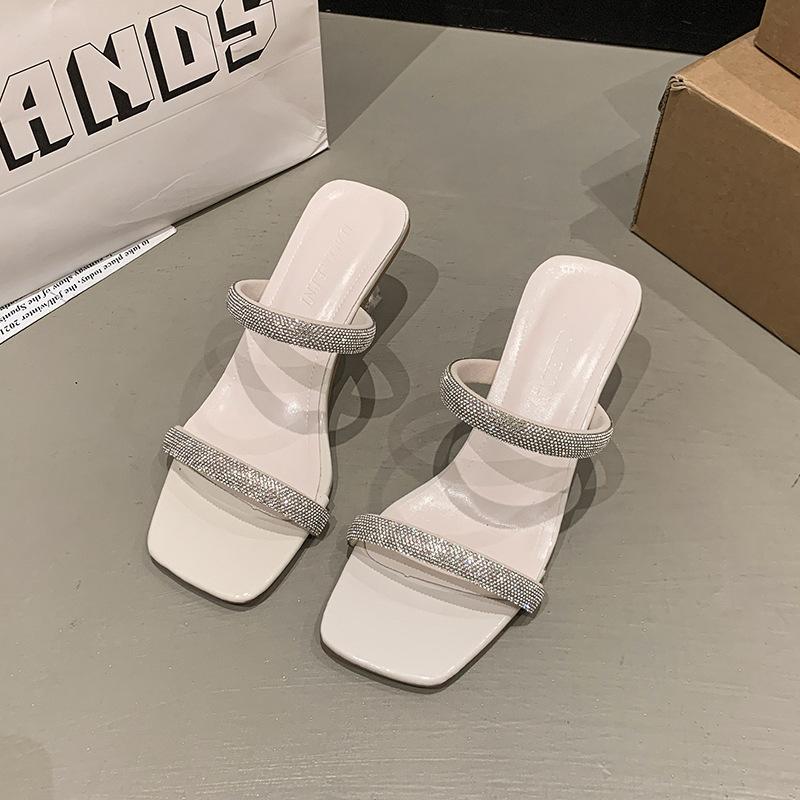 French Small Sandals To Wear Outside 2025 Summer New Niche High-end Rhinestone Thick Heels High Heels Fairy Word
