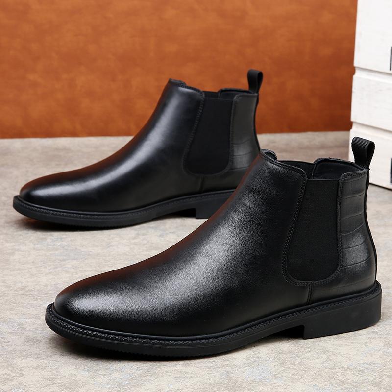 Fashion Warm Plush Fur Men Chelsea Boots New Winter Man Casual Boots Soft Leather Elastic Strap Ankle Boots Slip On Formal Business Shoe