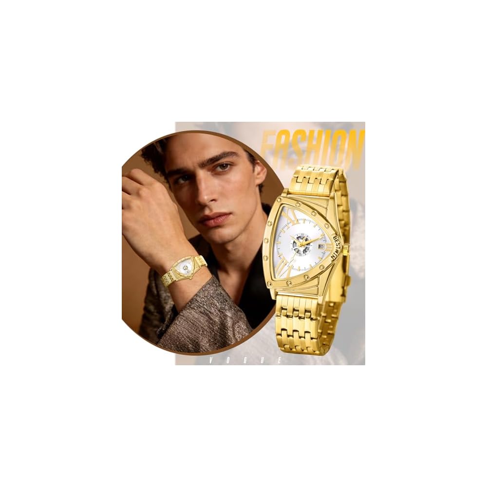 Men's Triangular Analog Watch Waterproof Stainless Steel Antique Silver Gold Calendar Accessory
