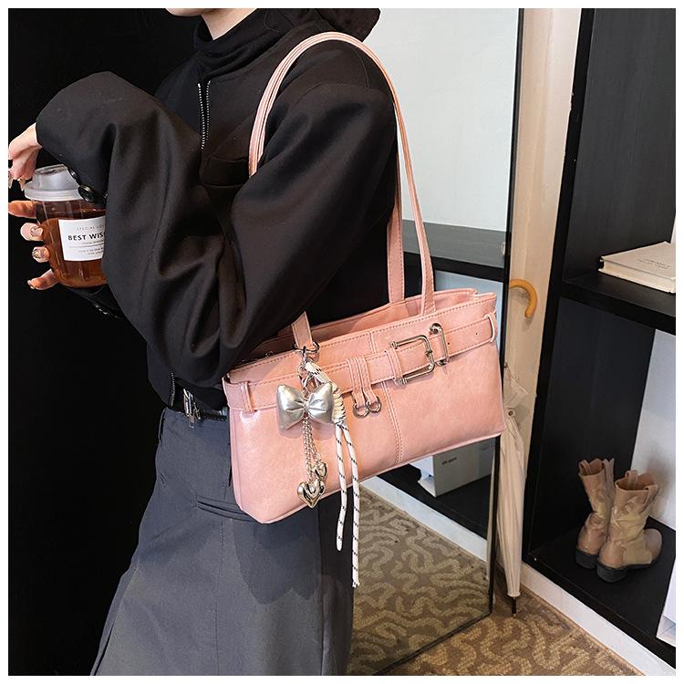 Belt Buckle Design Shoulder Satchels Bag for Women 2025 New In Luxury Designer Handbags Branded Fashion Totes with Pendant