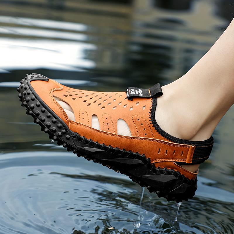 Kvėpuojantys, minkšti vyriški, natūralios odos rankiniu būdu susiuvami sandalai