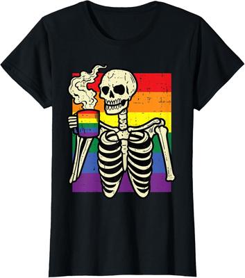 Gay Pride Skeleton Coffee Funny Rainbow Flag Lgbtq Ladies' Crewneck T-Shirt