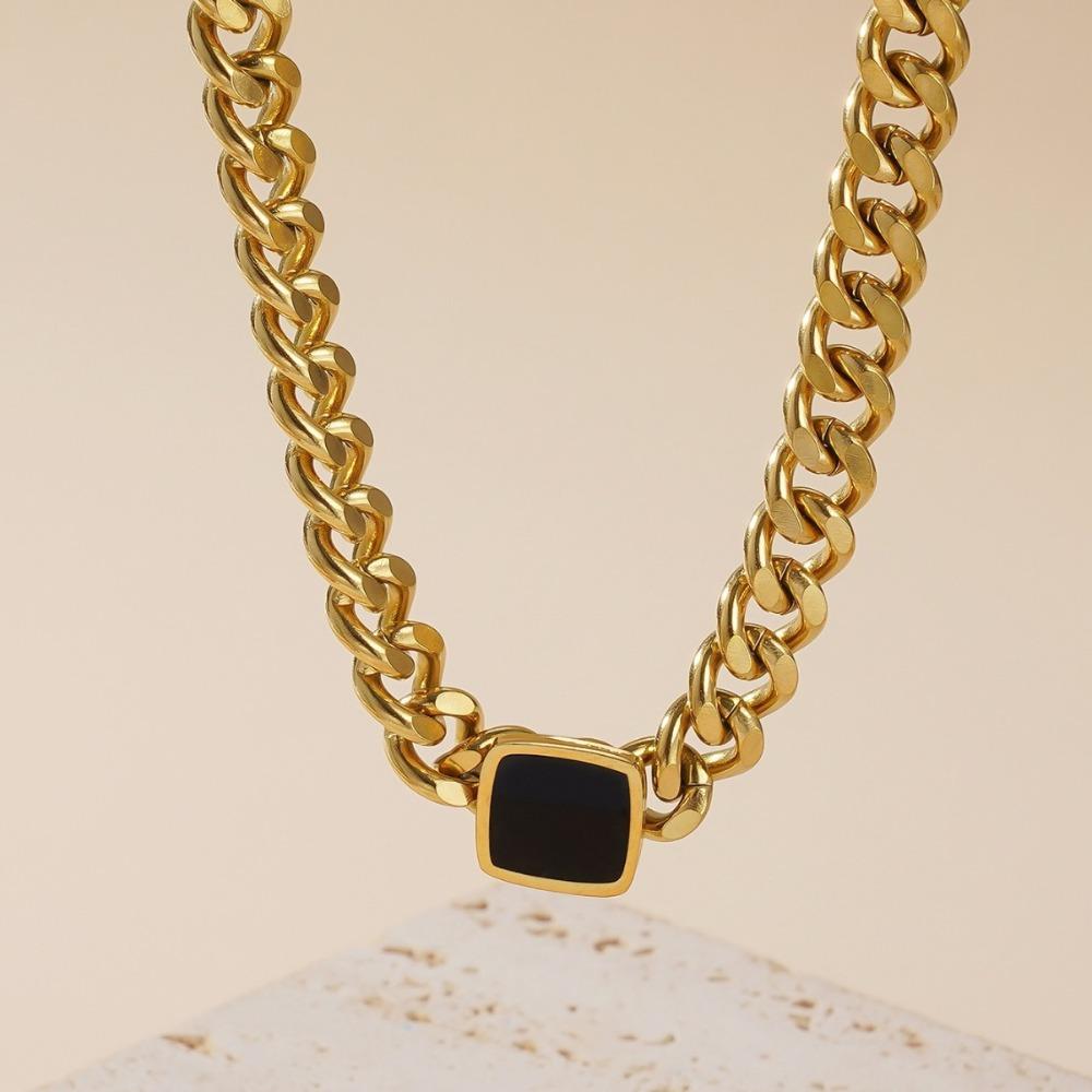 Trendy Personality Stainless Steel Thick Chain Necklace Black Square Collarbone Chain Bracelet Sets for Men Women Unisex Jewelry