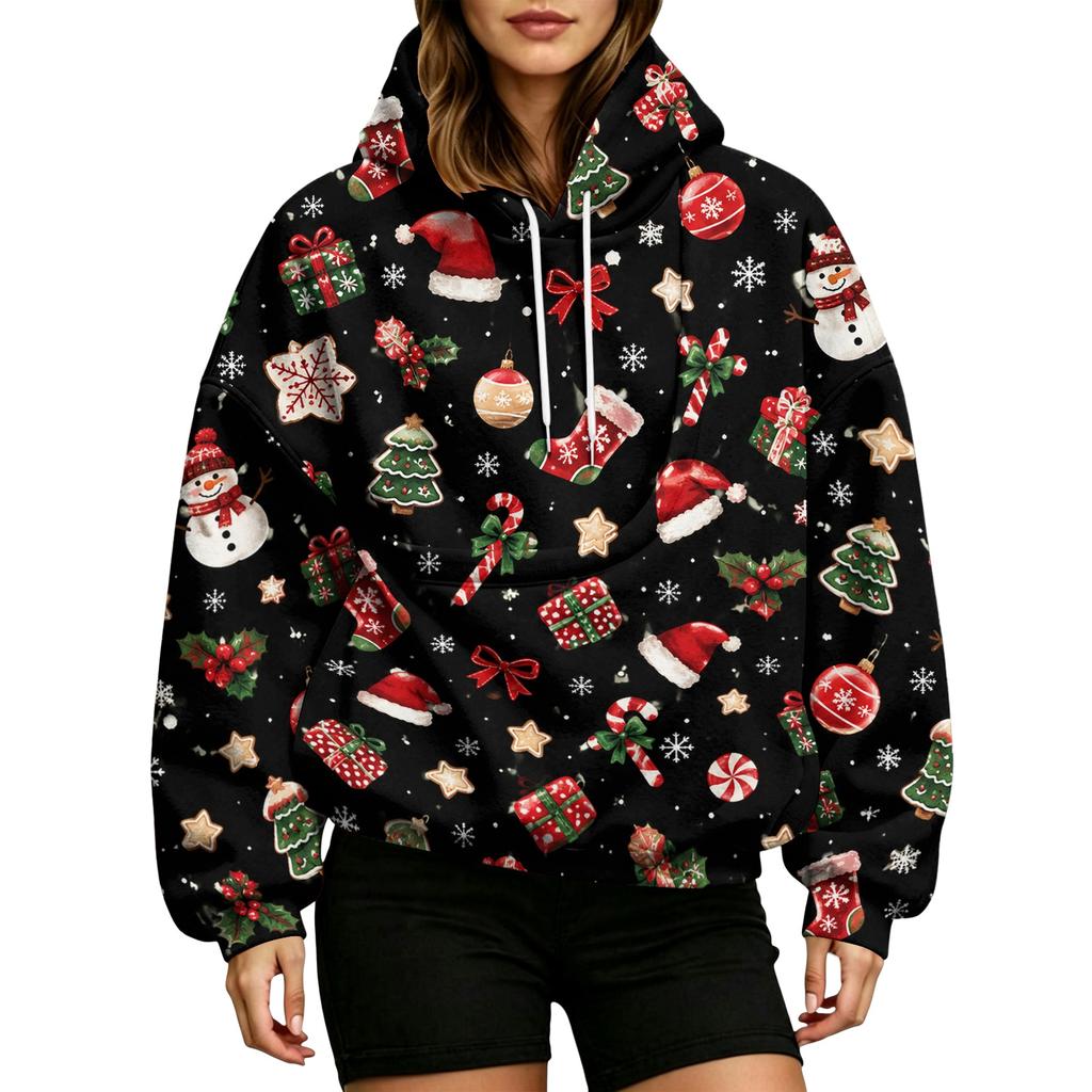 Women's Fashion Christmas Print Hooded Sweatshirt with Large Pet Pocket for Holiday