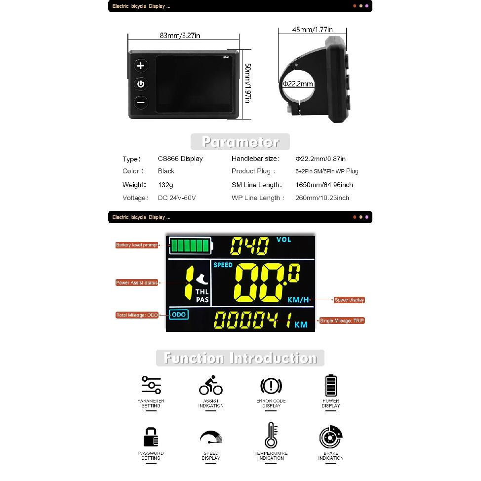 LCD S866 Elektrofahrrad UART 2 Display Bunt mit 5-Pin-Stecker SM/Wasserdichter Stecker für Mountainbike Umrüstsatz