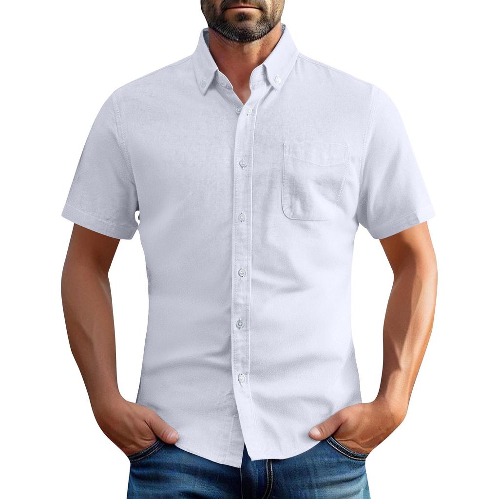 Men's Summer Oxford Cotton High-Quality Solid Color Short-Sleeved Shirt