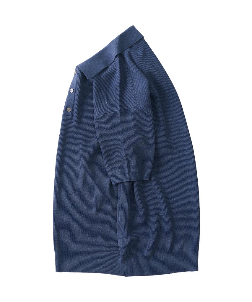 ANALOG MOOD Hacci Button-Up Collar Short Sleeve Knit (Blue)