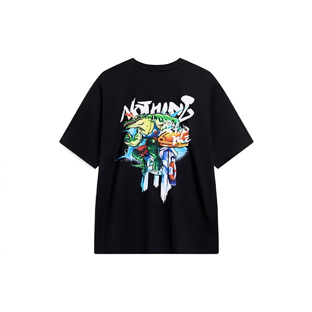 Li-Ning Pool Party Series Cartoon Print Round Neck Loose Short Sleeve T-Shirt Unisex Tops Black ATST807-4