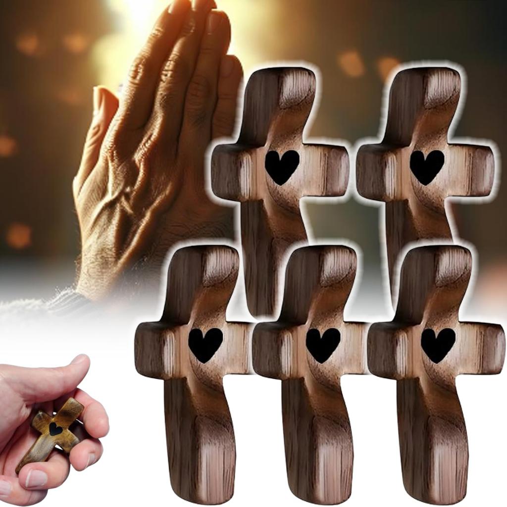 [Handheld Cross with Heart Cutout] Wooden Pocket Cross with Heart Cutout, Stress Relief Handheld Cross, Encouragement Gift for Comfort and Hope