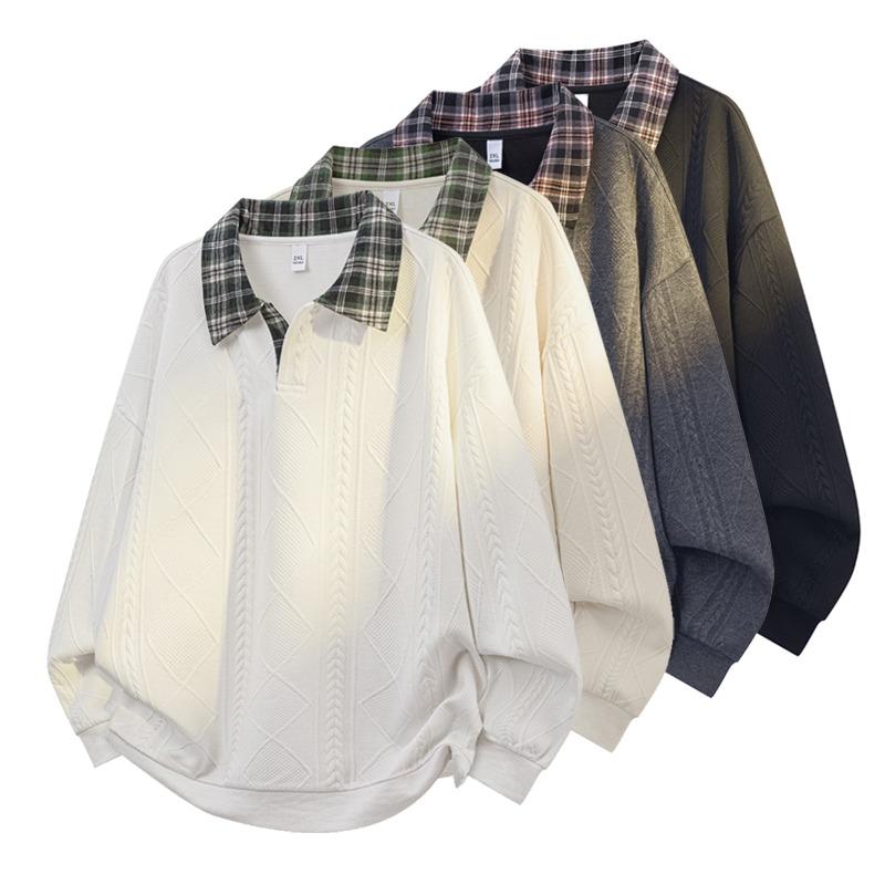 Spring Autumn Plaid Printing Polo-neck Sweatshirt Male Long Sleeve Loose Casual Patchwork Pullover Top Men
