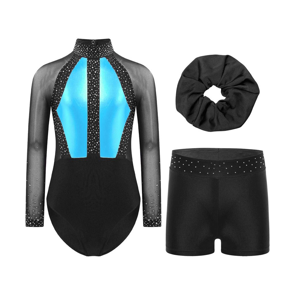 Mädchen Mesh Langarm Turnanzug Strass Shorts Kopfschmuck Gymnastik Tanz Performance Set