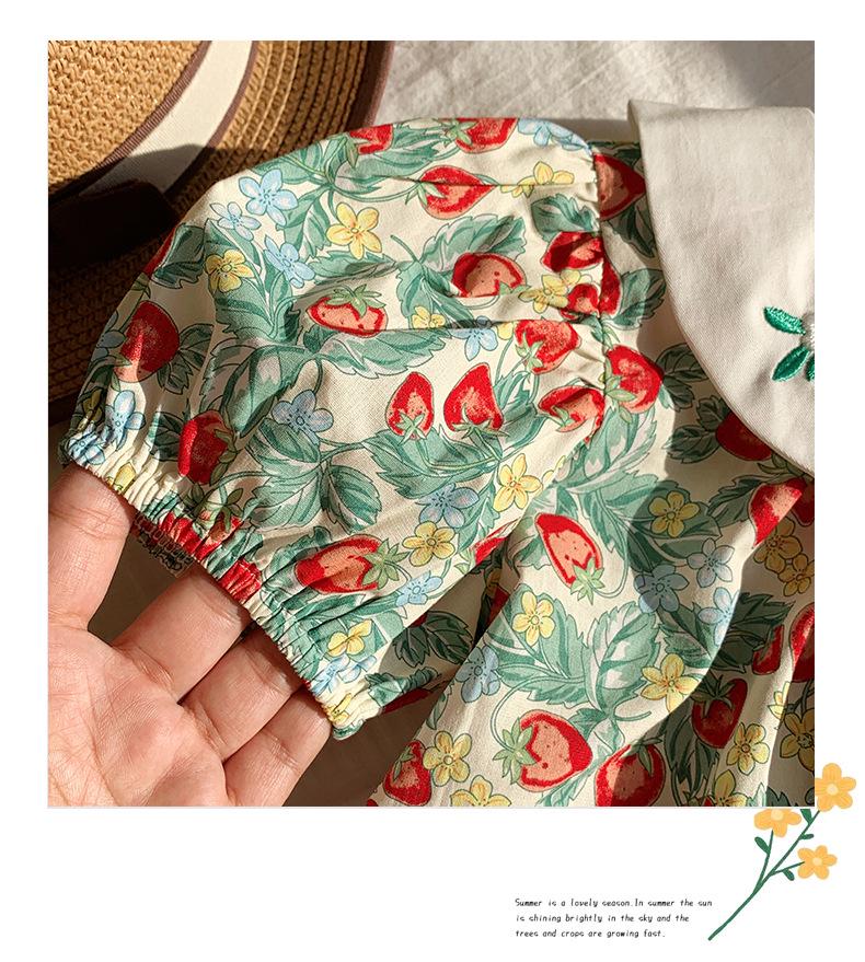 2026 Summer Strawberry Embroidered Doll Collar Girls' Dress - Sweet Short Sleeve Cake Skirt Style