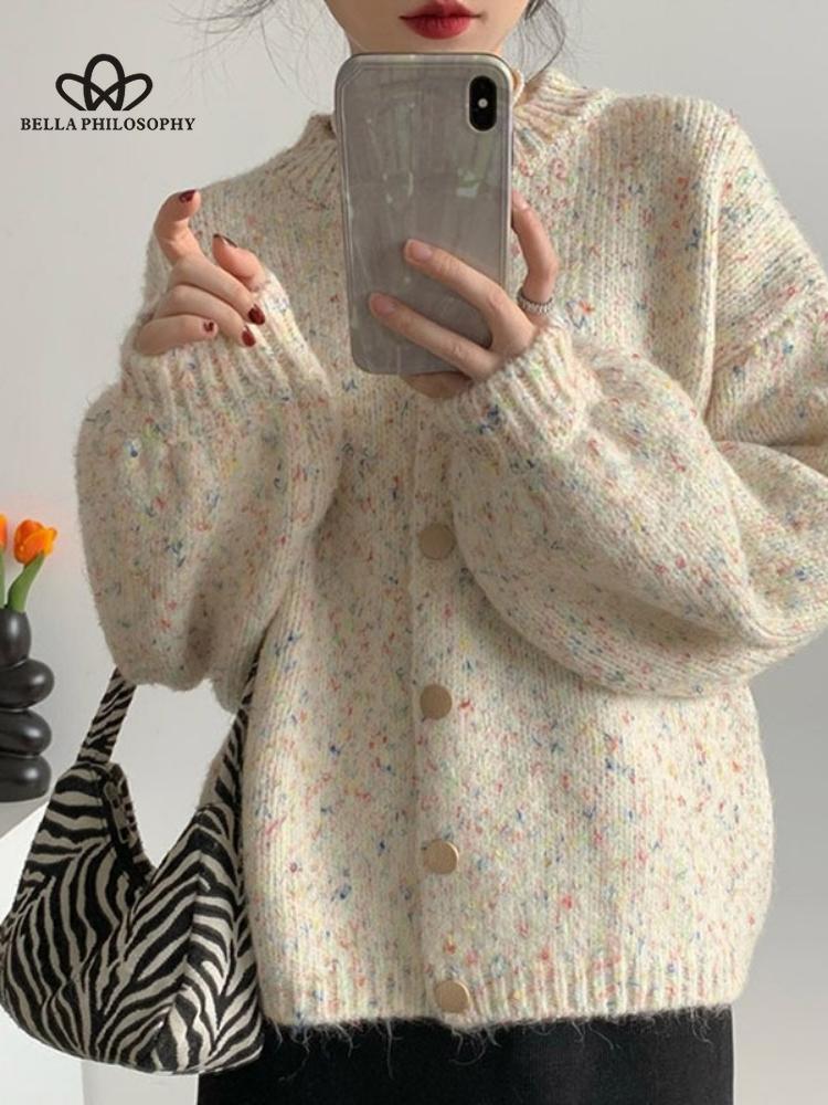 Элегантный кардиган женский повседневный свитер ретро-серый однотонный свободный карман однобортный с круглым вырезом модный универсальный джемпер женские топы верхняя одежда one size белый 4239₽