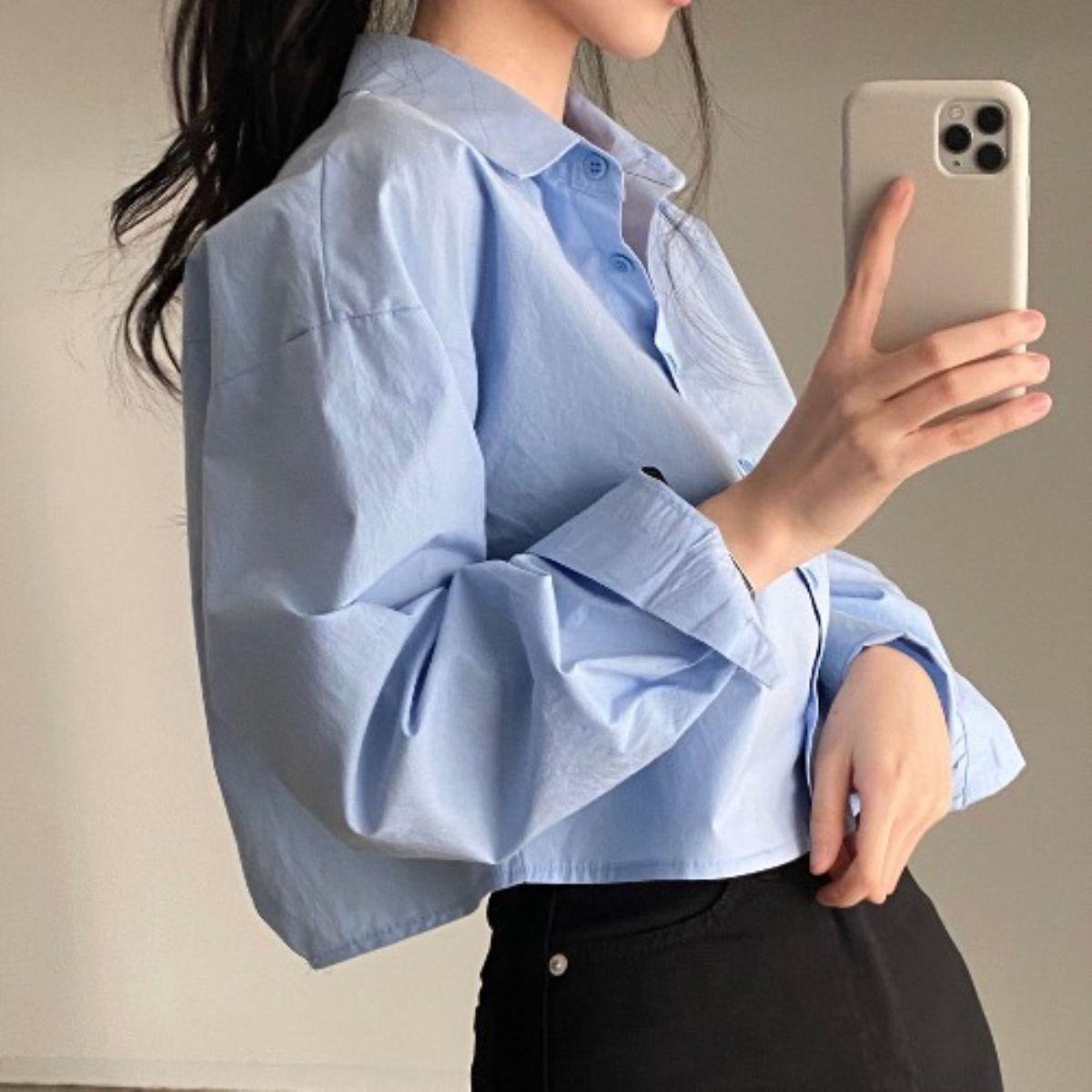 Женская корейско-французская рубашка с лацканами и небольшим разрезом сзади 2025 S (37kg-48kg) синий
