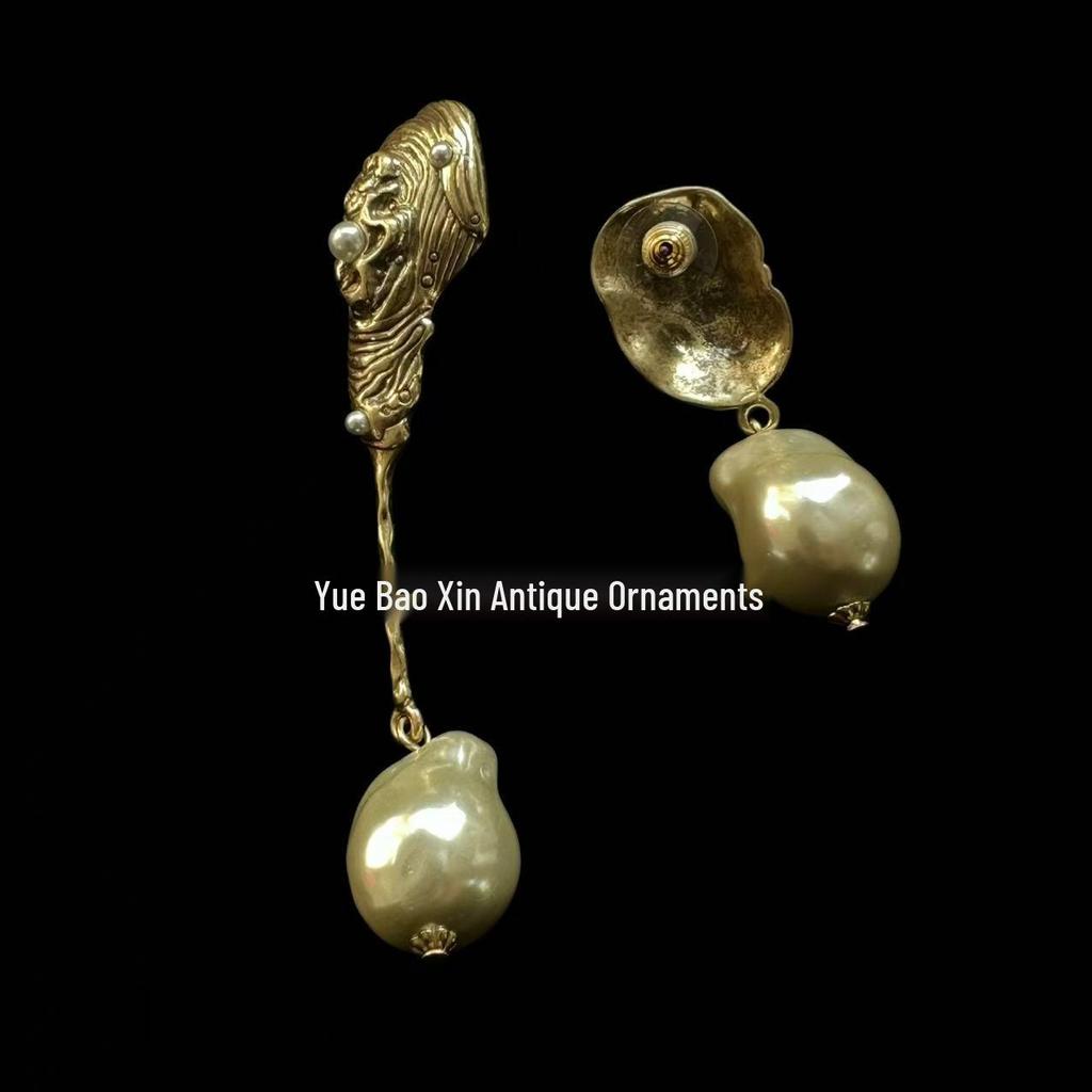 European Retro Baroque Glass Pearl Earrings with Asymmetrical Gold & Silver Studs