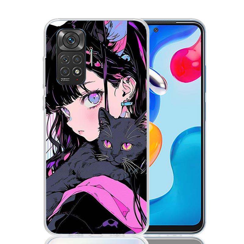 

Anime Girls Cute Black Cat Phone Case For Xiaomi Redmi Note 14 13 14S 12S 12 11S 11T 11E Pro Plus 10S 10 9S 9 Art Customized Coq Redmi Note 11T Pro