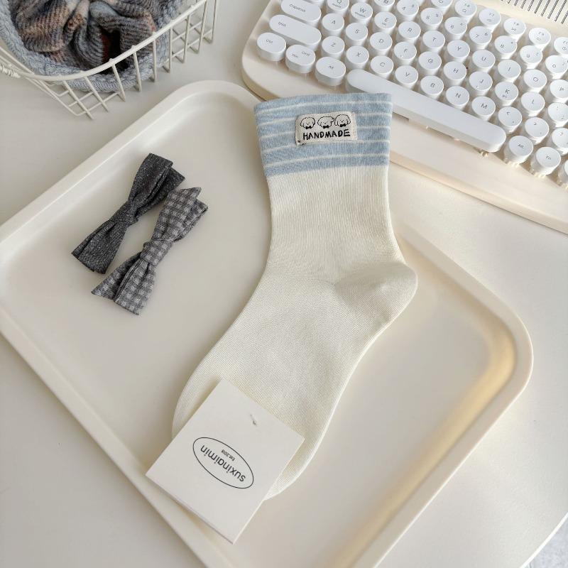 Ladies Autumn Cartoon Cute Dog Cloth Logo Striped Polka Dot Contrast Color Cotton Medium Tube Pile Socks