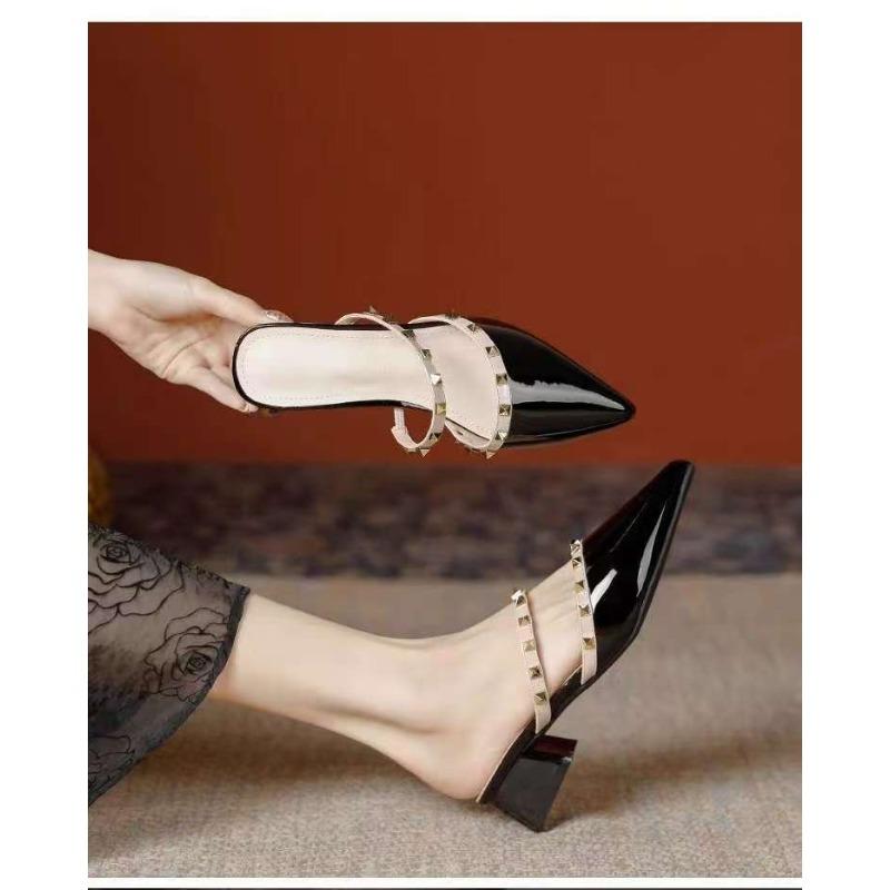 Rivet pointed shoes summer new shallow thick heel half slippers women's outer wear with skirt women's shoes