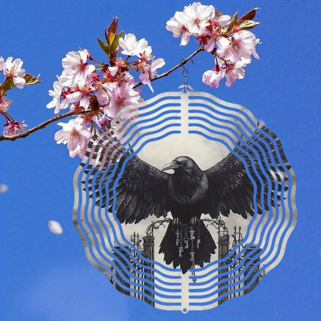 Metal Wind Spinner Outdoor Decor 2D Raven Design Hanging Wind Chime for Garden Patio Yard No Electricity Needed Durable Weather Resistant