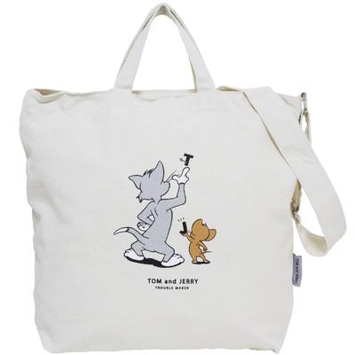 Tom and Jerry Shoulder Tote Look Zippered Fits A4 Ivory Bag, Bag, Back, 2-Way, Top, Size, Ivory,