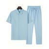 Men's Casual Striped Short Sleeve Sweatshirt with Button Down Shirt Collar and Elastic Waistband Pants In Polyester Textile Elastane Blend Two-Piece