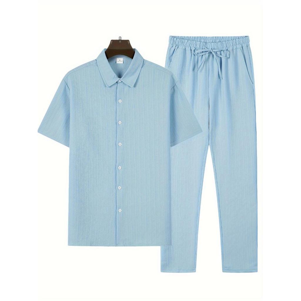 Men's Casual Striped Short Sleeve Sweatshirt with Button Down Shirt Collar and Elastic Waistband Pants In Polyester Textile Elastane Blend Two-Piece